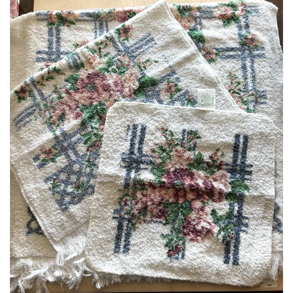 Vintage 80s Franco Towel Set Bath Hand Washcloth Pink Blue Lattice Floral